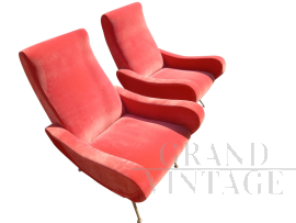 Pair of vintage Lady Zanuso style armchairs in red velvet