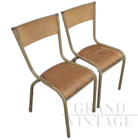 Coppia di sedie Mullca beige impilabili con seduta in legno chiaro, anni '60                            