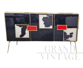 3-door sideboard in black glass and black and white pony skin