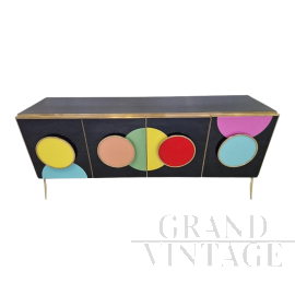 4-door sideboard in black glass with colored circles