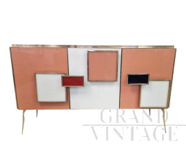 Credenza a tre ante in vetro bianco e rosa                            