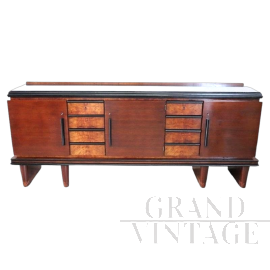 Credenza lunga madia Art Déco anni '30 con piano in vetro nero