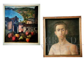 Dipinto Natura Morta di Rossi - Ritratto di giovane uomo Paretti, olio su tela fronte-retro, anni '30
