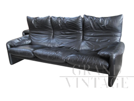 Divano Maralunga di Vico Magistretti a tre posti in pelle nera                            