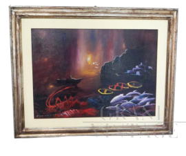  Fantuzzi - dipinto con mare al tramonto e pescato                           