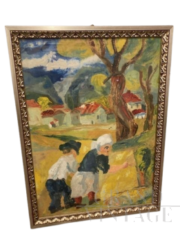 Giuseppe Serafini - Dipinto con contadini, Montelupo Fiorentino 1973