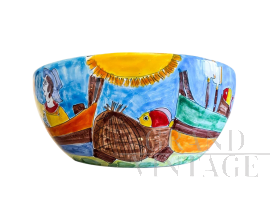 Grande ciotola in ceramica di Pantelleria dipinta a mano, Italia anni '80                            