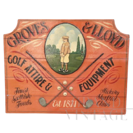 Insegna pubblicitaria vintage di articoli per golfisti, dipinta a mano su legno                           