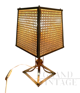 Lampada da tavolo vintage in ottone e paglia di Vienna                            