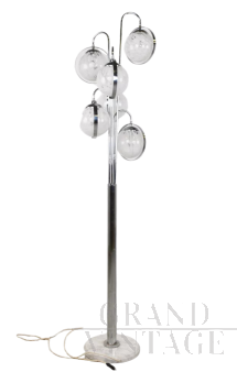 Lampada piantana in vetro di Murano e acciaio in stile space age                            