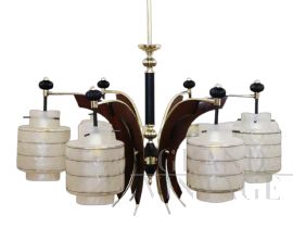 Lampadario design stile Stinovo anni '50 in vetro e legno, a sei luci     