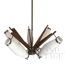 Lampadario vintage a sospensione con 5 luci, in vetro, ottone e legno teak