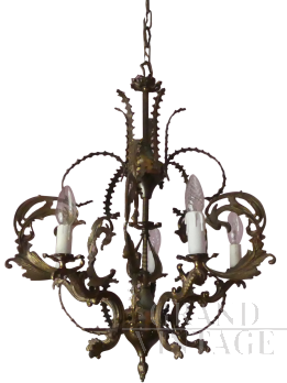 Lampadario vintage anni 60 in bronzo a 5 luci