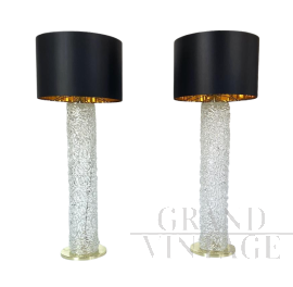 Lampade vintage in vetro di Murano traforato e ottone con paralume                            