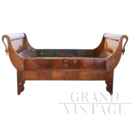 Antique sleigh bed in inlaid walnut from the Charles X era, early 19th century