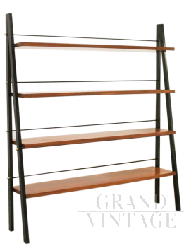 Scandinavian ladder shelf bookcase in teak and iron, Italy 1950s