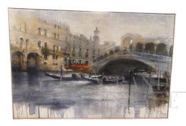 Osvaldo Sabene - dipinto Il Ponte di Rialto, tecnica mista su tela