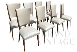 8 vintage chairs upholstered and covered in white skai, 1950s