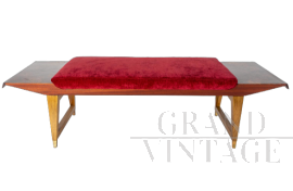 Italian mid-century bench with burgundy velvet seat