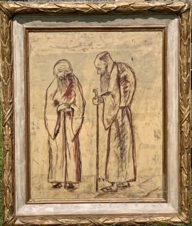 Friars, painting in mixed technique on panel from the 20th century