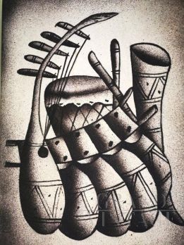 Nsingi - dipinto con strumenti musicali etnici, Zaire