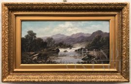Painting by Frank Stone - Hilly landscape with river
