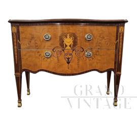 Small antique Louis XVI style chest of drawers in walnut briar with inlays