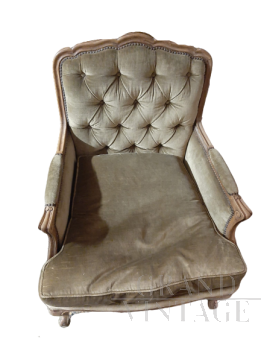 Early 1900s capitonnée armchair in khaki green velvet
