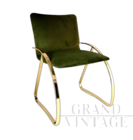 Design cantilever office chair in golden steel and green velvet, Italy 1970s
                            
