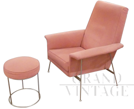 Vintage armchair in iron and pink velvet with ottoman                     
                            
                            