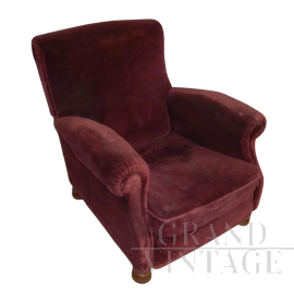 Poltrona vintage Italiana in velluto bordeaux, anni '50                            
