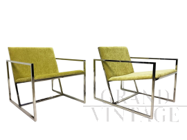 Minimalist design armchairs in metal and green fabric