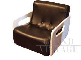 Rare Space Age armchair in black leather and wood