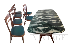 Vintage Italian dining room with glass top table and 6 chairs, 1950s