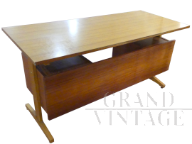 Vintage teak wood desk with iron footrest