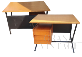 Scrivania vintage in legno teak e skai nero capitonné