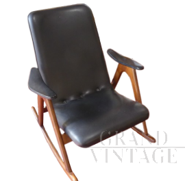 Sedia a dondolo vintage in skai e noce                            