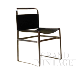Sedia in stile Bauhaus in metallo e pelle nera, anni '70                            