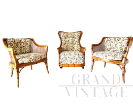 Set of 3 Giorgetti design armchairs in faux bamboo and wicker, Italy 1970s