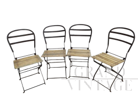 Set di 4 sedie bistrot da giardino in legno e metallo, anni '50                            