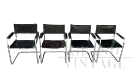 Set di 4 sedie cantilever in acciaio e pelle nera in stile Mart Stam                            
