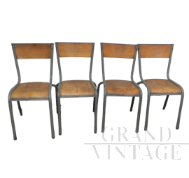 Set di 4 sedie Mullca grigie impilabili con seduta in legno chiaro, anni '60                            