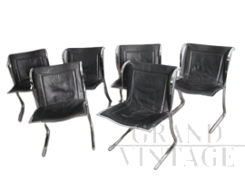 Set di 6 sedie modernariato Fumagalli in metallo e cuoio, anni '70