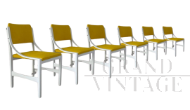 Set di 6 sedie vintage in legno bianco e tessuto giallo senape                            