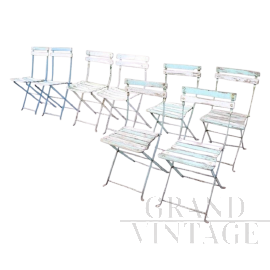 Set di 8 sedie pieghevoli in ferro e legno bianco, anni '60                            
