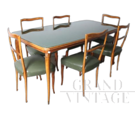 Set modernariato tavolo con piano in vetro e sedie in skai verde                            