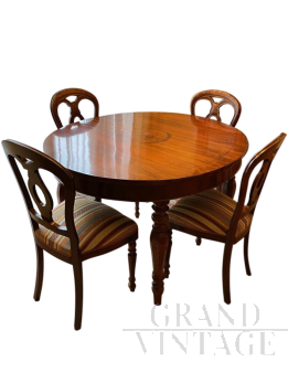 Set of 19th century extendable oval table with inlays + 4 chairs
