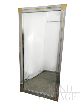 Specchio a figura intera in acciaio cromato e ottone, anni '70                            