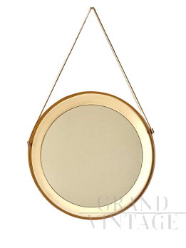 Specchio rotondo vintage con cornice in legno ed ecopelle beige, Italia anni '60                            