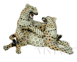 Statua vintage con coppia di leopardi in ceramica smaltata                            